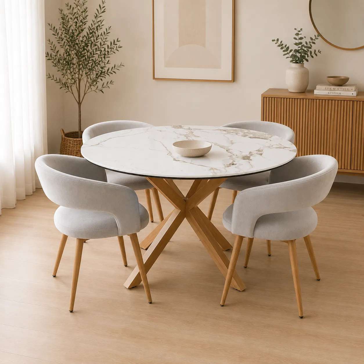 Mesa Warwick Redonda Stone Wood con 4 Sitiales Felpa Wood