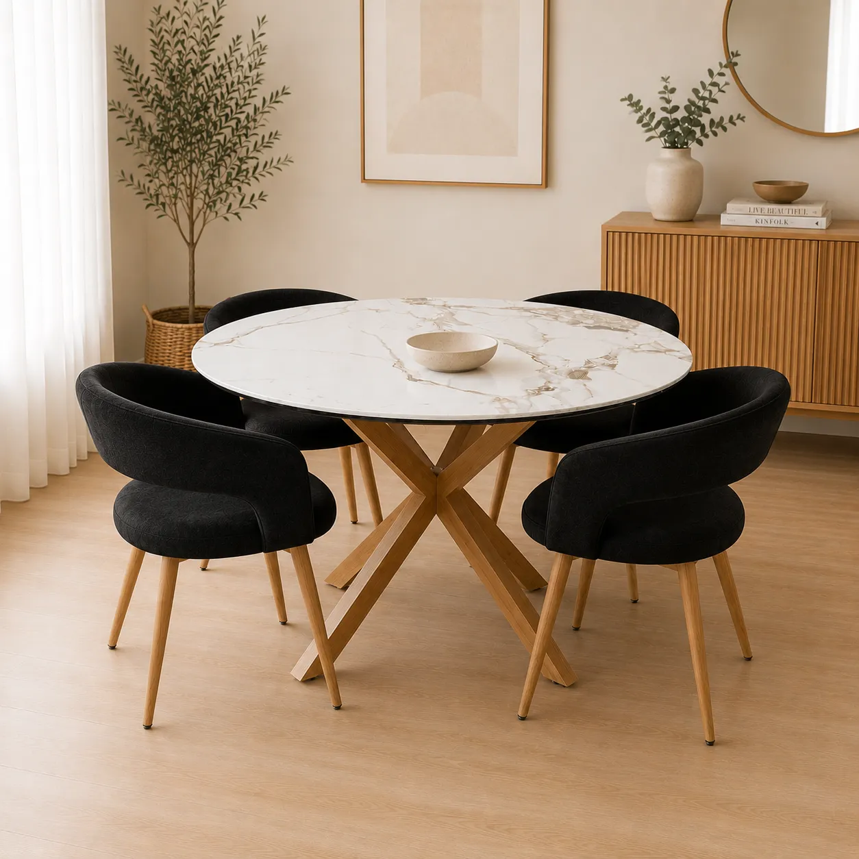 Mesa Warwick Redonda Stone Wood con 4 Sitiales Felpa Wood
