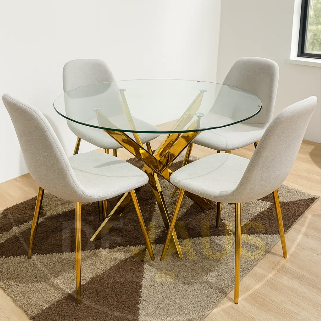 Comedor 4 Personas Mesa Dubai Gold con Sillas Milano Felpa Gold