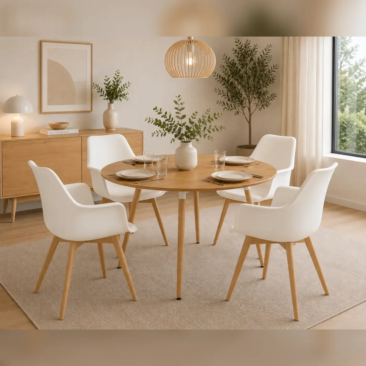 Comedor 4 Personas Mesa Eames Basic Wood con Butacas Tulip Acolchada