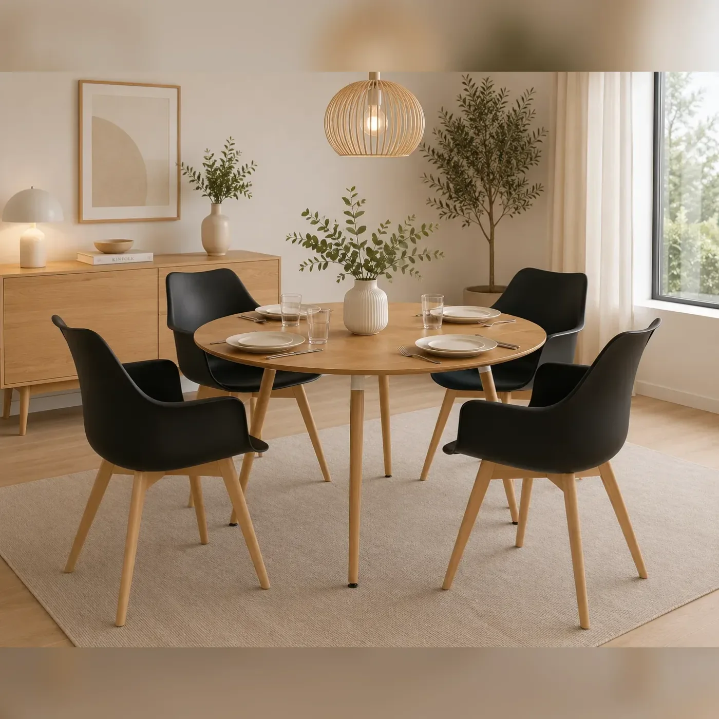 Comedor 4 Personas Mesa Eames Basic Wood con Butacas Tulip Acolchada