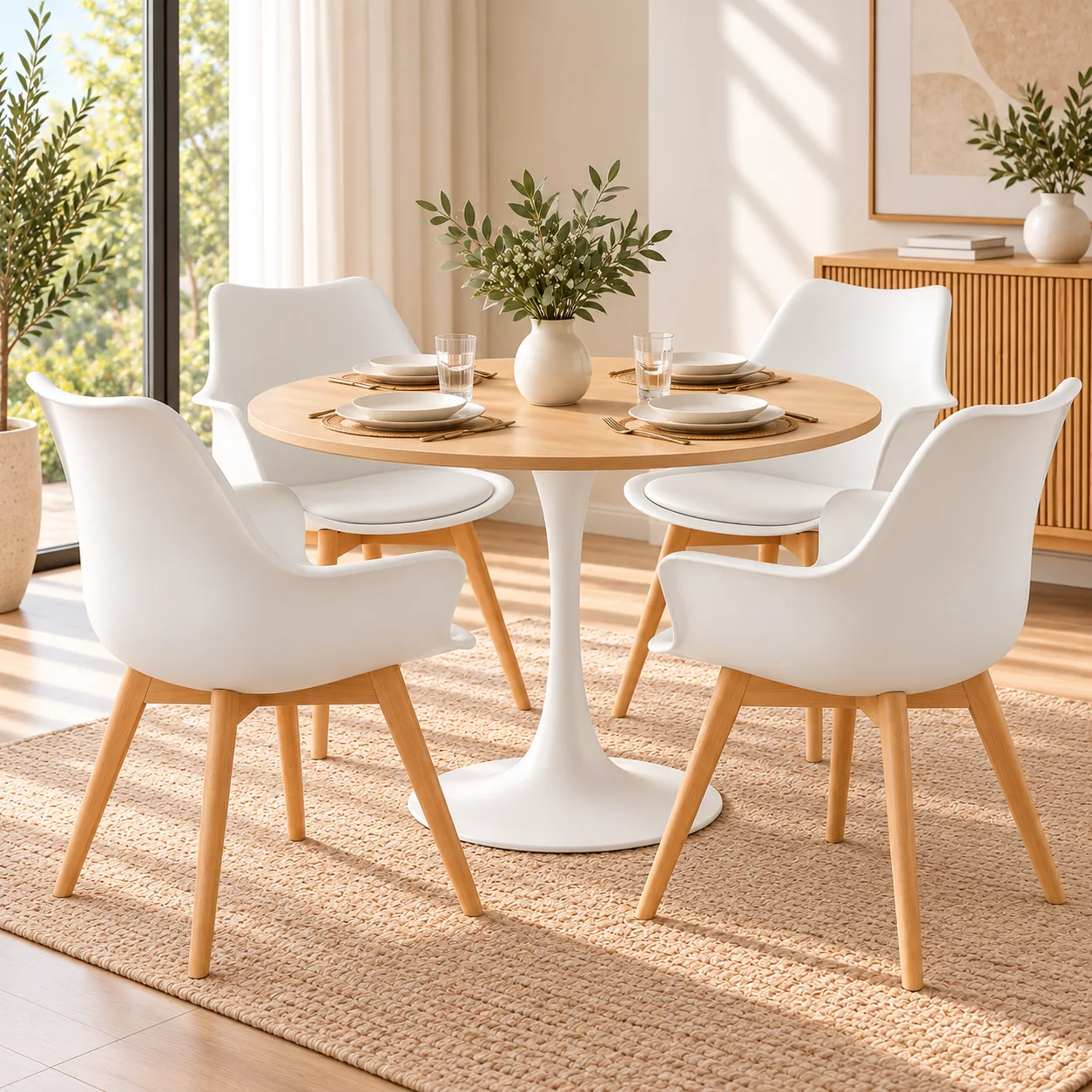 Comedor 4 Personas Mesa Tulip Madera Negro con Butaca Tulip Acolchada