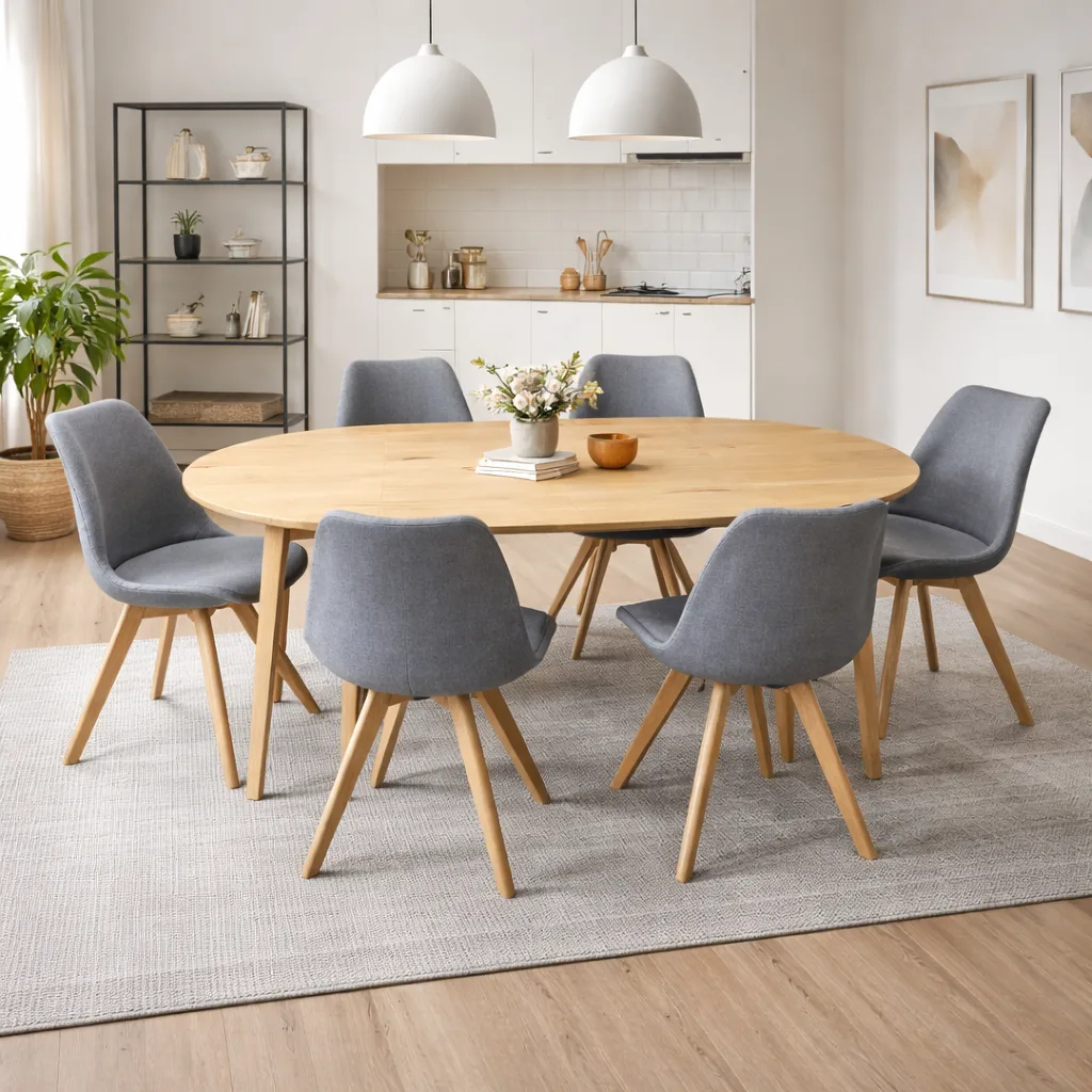 Mesa Expandible Wood con 6 Sillas Tulip Lino