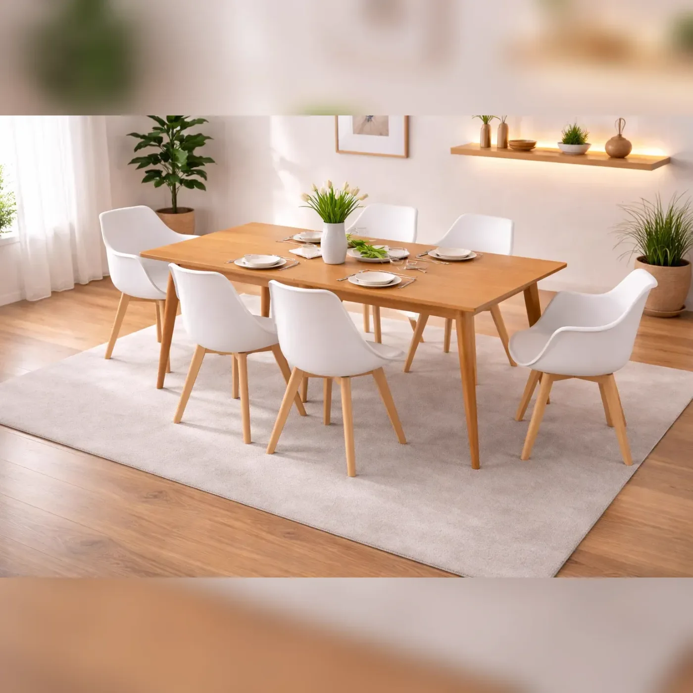 Comedor 6 Personas Mesa Vema Rectangular con 4 Sillas Tulip y 2 Butacas Tulip
