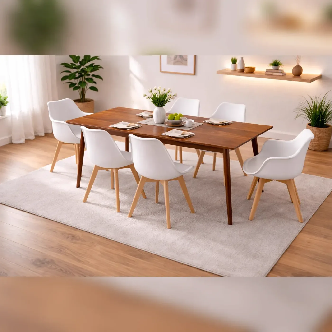 Comedor 6 Personas Mesa Vema Rectangular Walnut con 4 Sillas Tulip y 2 Butacas Tulip