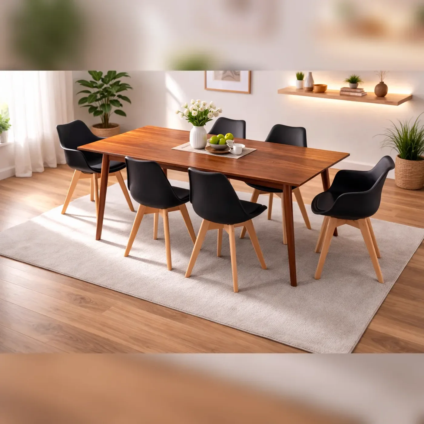 Comedor 6 Personas Mesa Vema Rectangular Walnut con 4 Sillas Tulip y 2 Butacas Tulip