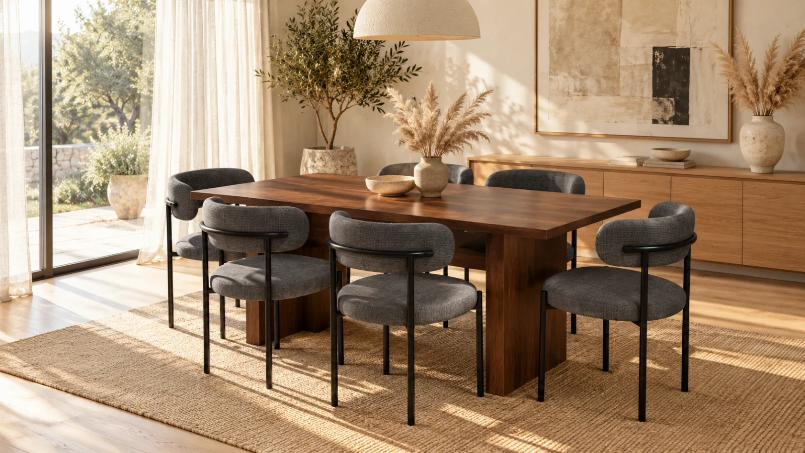 Comedor Mesa Chile Walnut con 6 Sillas Oslo Lino Black
