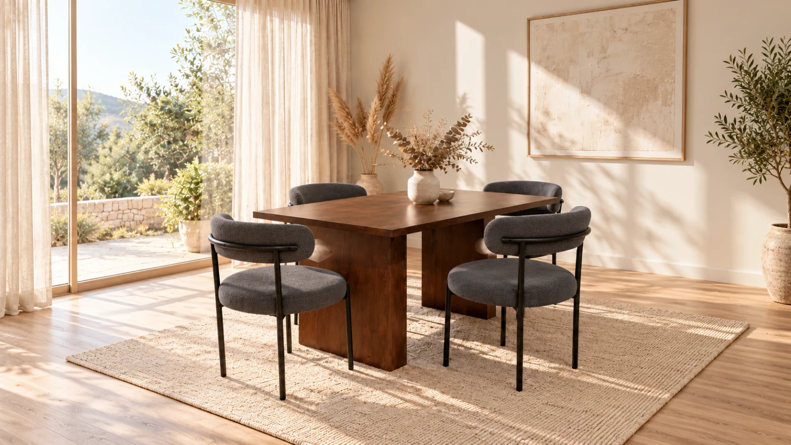 Comedor Mesa Chile Walnut con 4 Sillas Oslo Lino Black