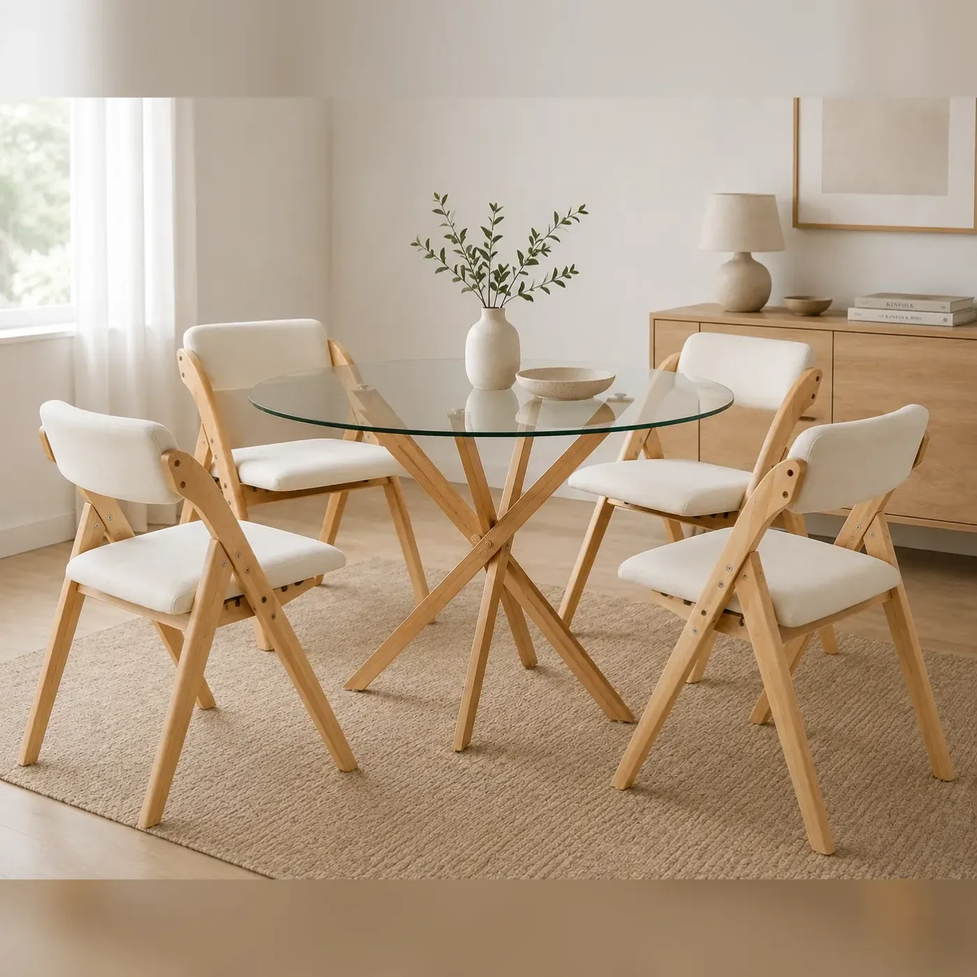 Comedor Mesa Dubai Redonda Vidrio con 4 Sillas Rita Plegable Acolchada