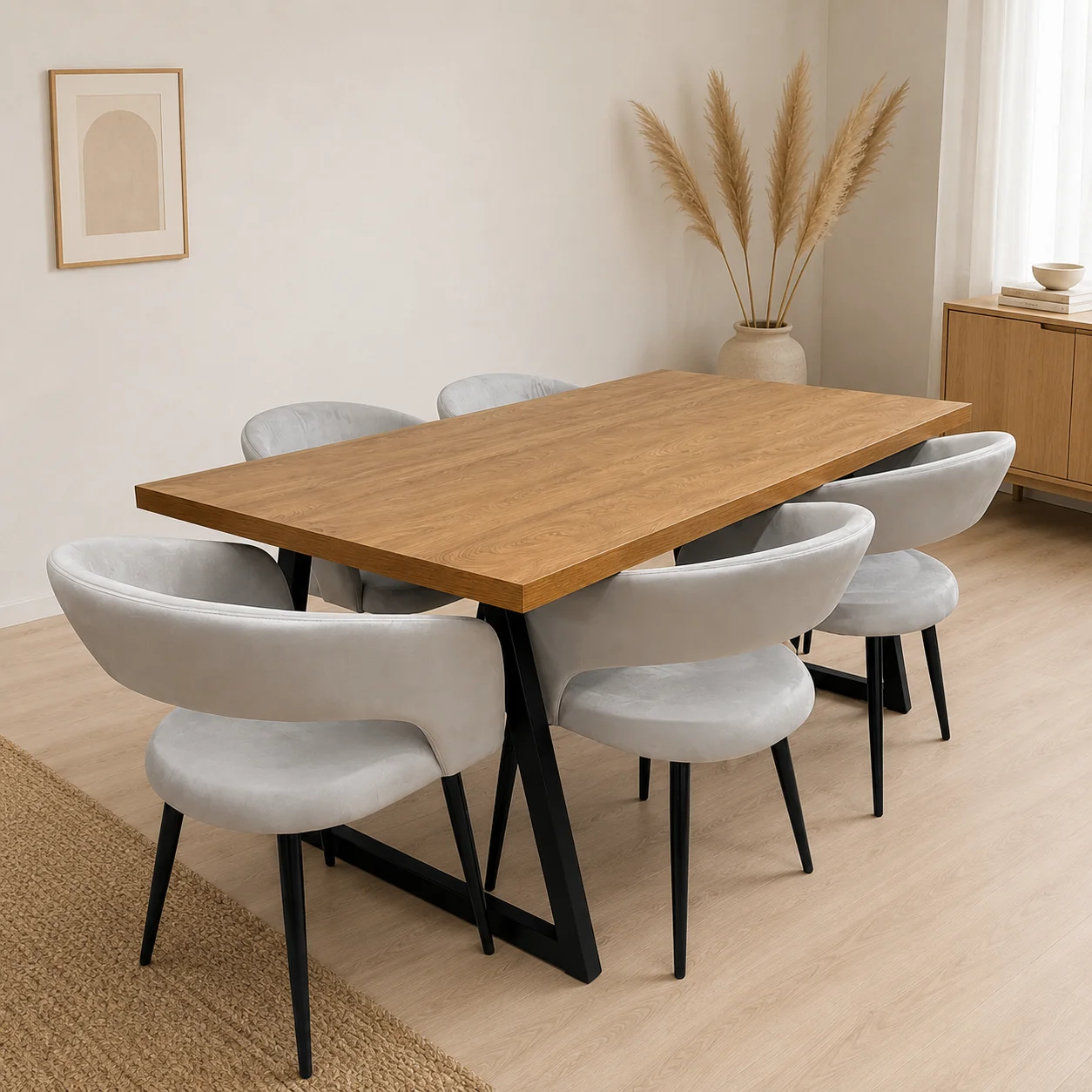 Comedor Mesa Escandinavia Wood con 6 Sitiales Diana Felpa Black