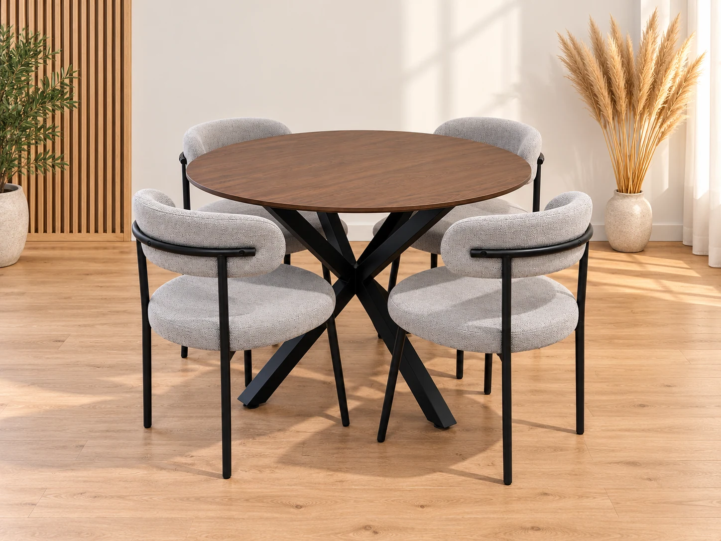 Comedor Mesa Redonda Warwick Wood Black con 4 Sillas Oslo Lino