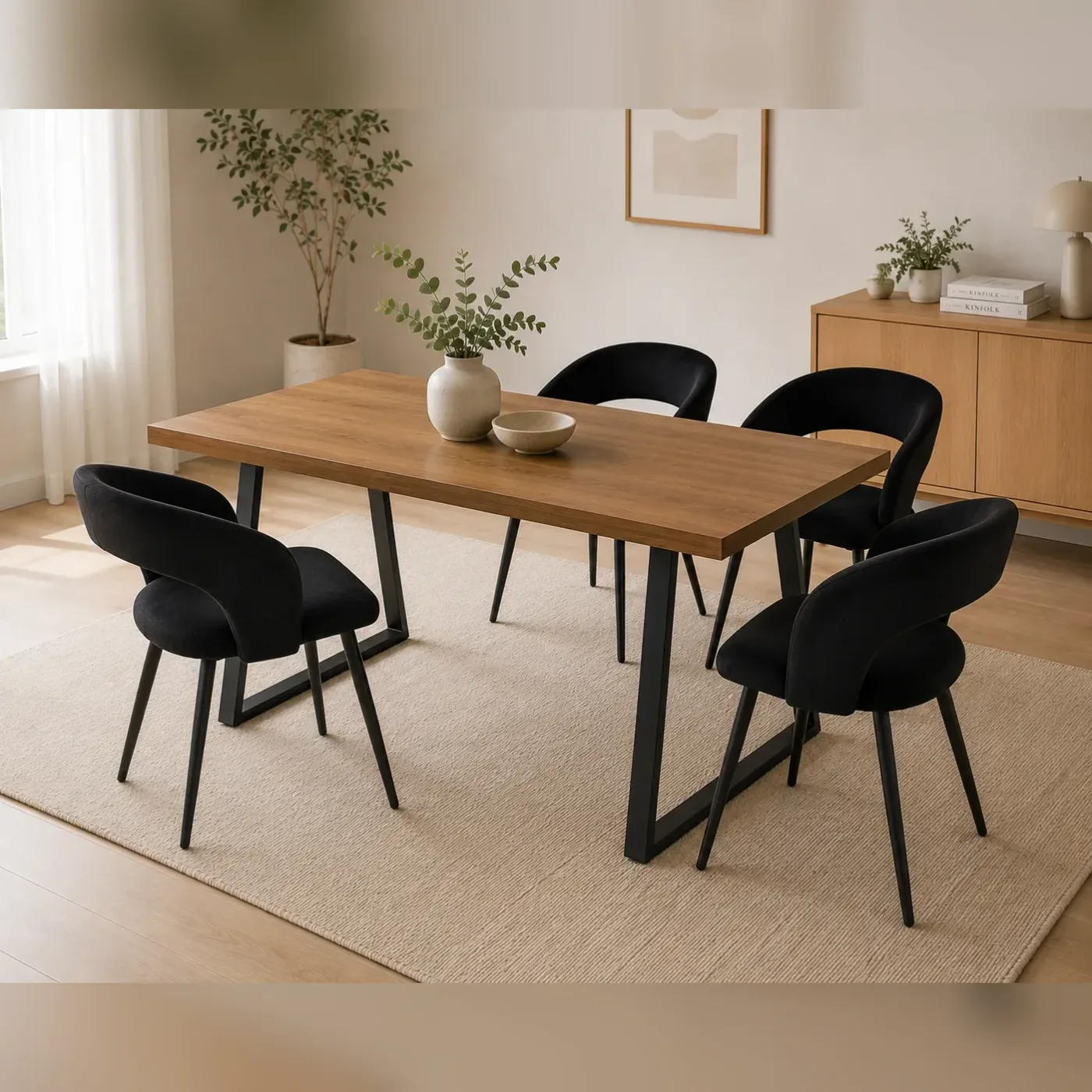 Comedor Mesa Escandinavia Wood con 4 Sitiales Diana Felpa Black
