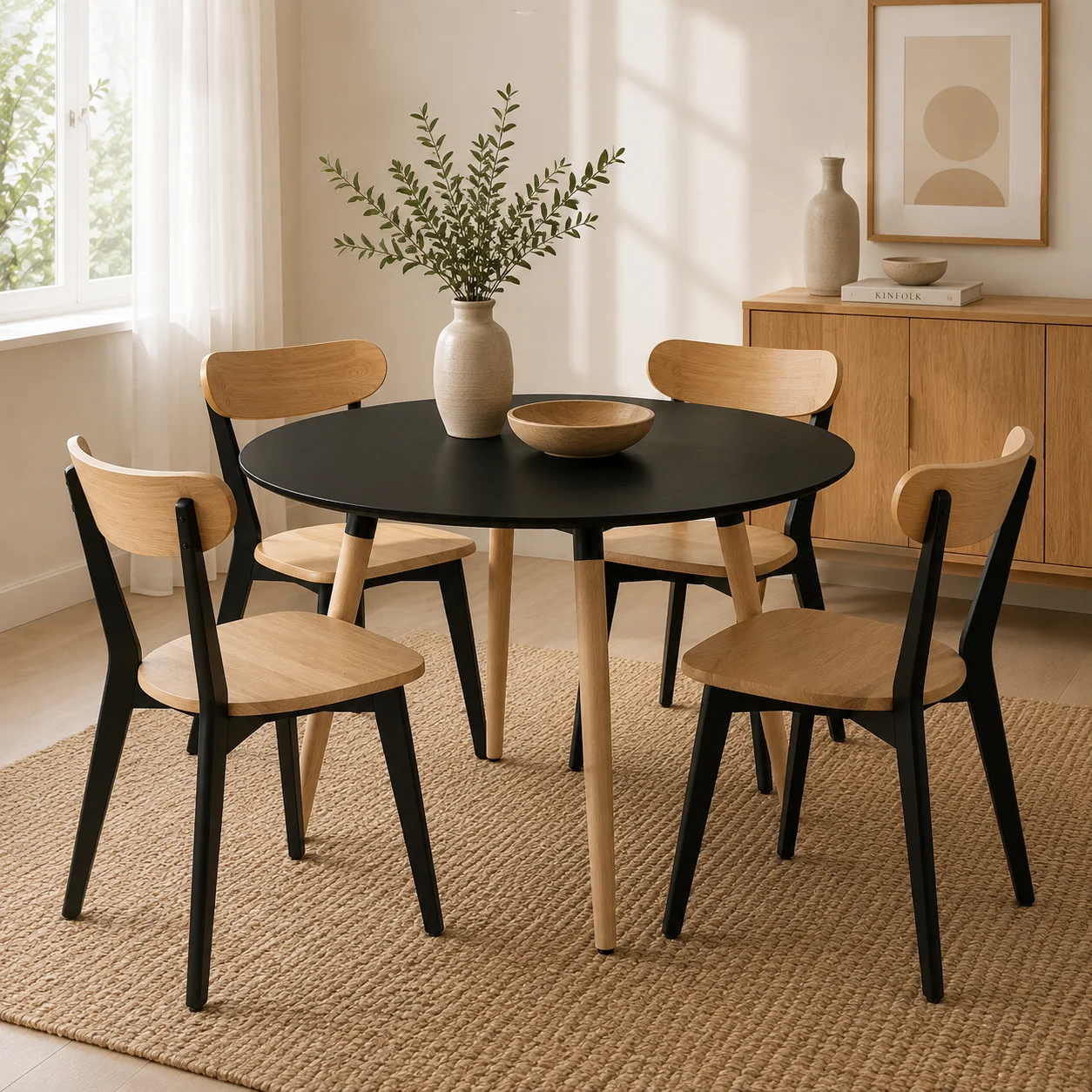 Mesa de Comedor Basic Redonda con 4 Sillas Fresno Negro