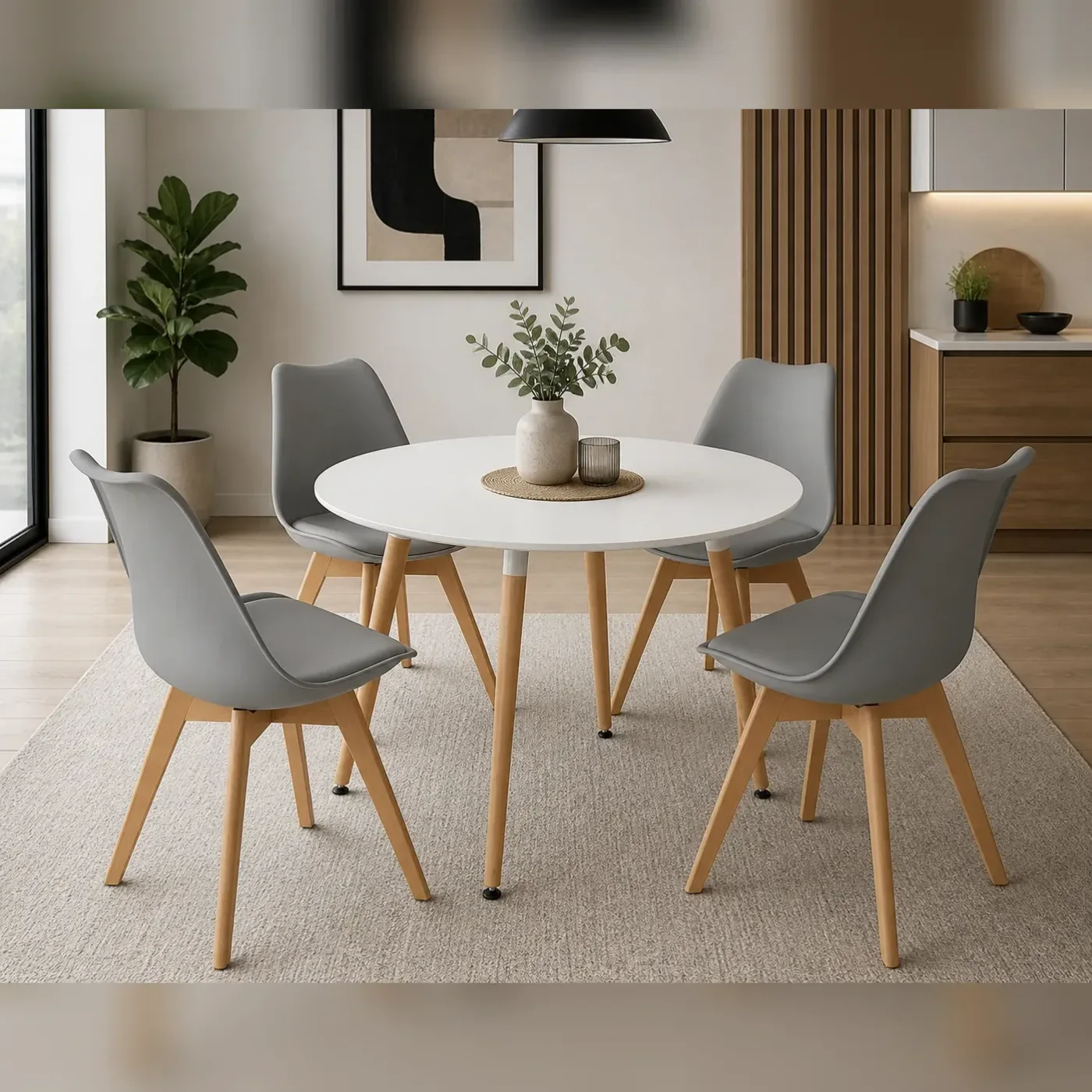Mesa de comedor Eames Basic MDF Redonda Blanca con 4 sillas Tulip