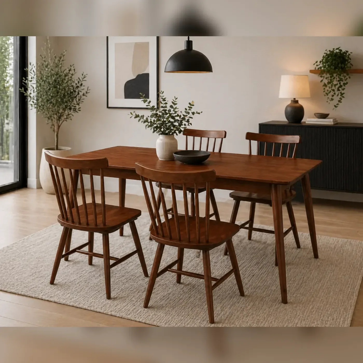 Mesa de comedor vema rectangular con 4 sillas windsor madera