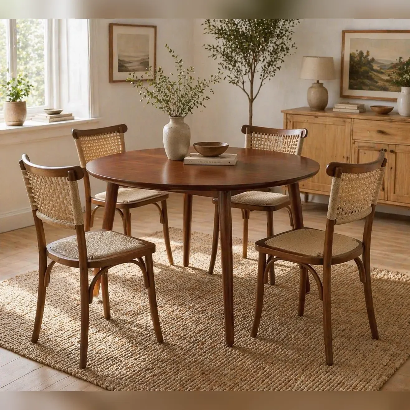 Mesa De Comedor Vema Redonda con 4 Sillas Crossback Madera Yute