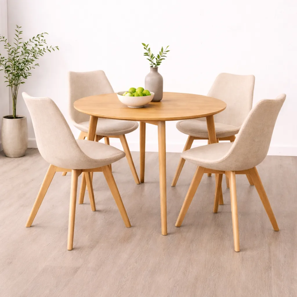 Mesa de Comedor Vema redonda con 4 Sillas Tulip Lino
