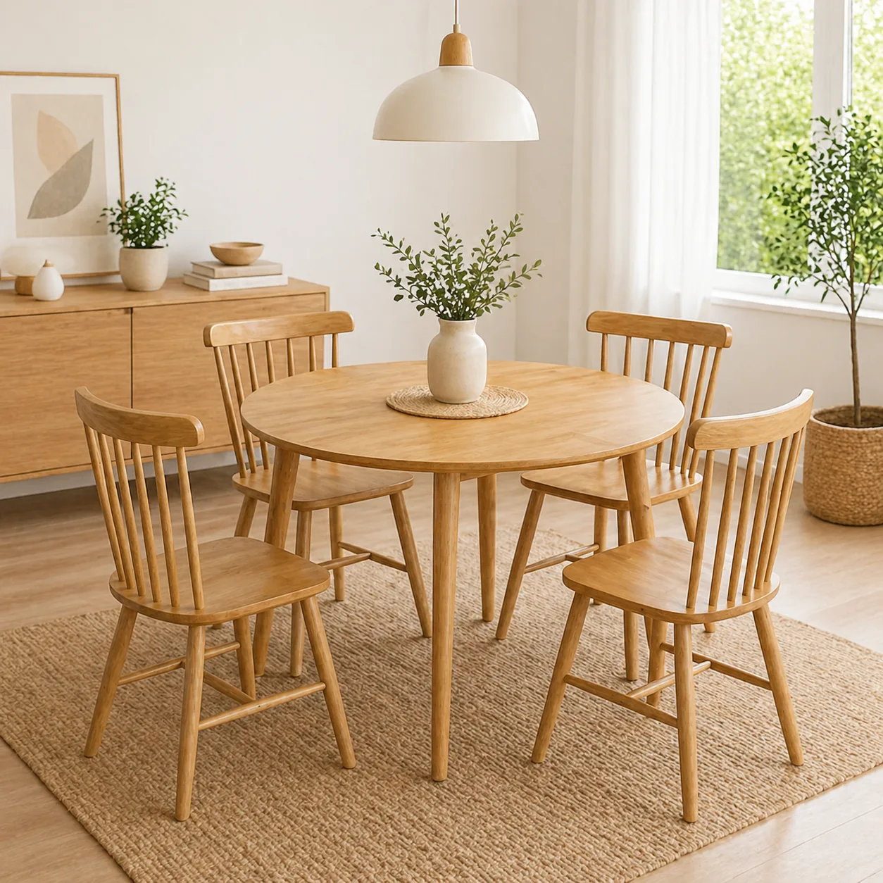 Mesa De Comedor Vema Redonda con 4 Sillas Windsor Madera