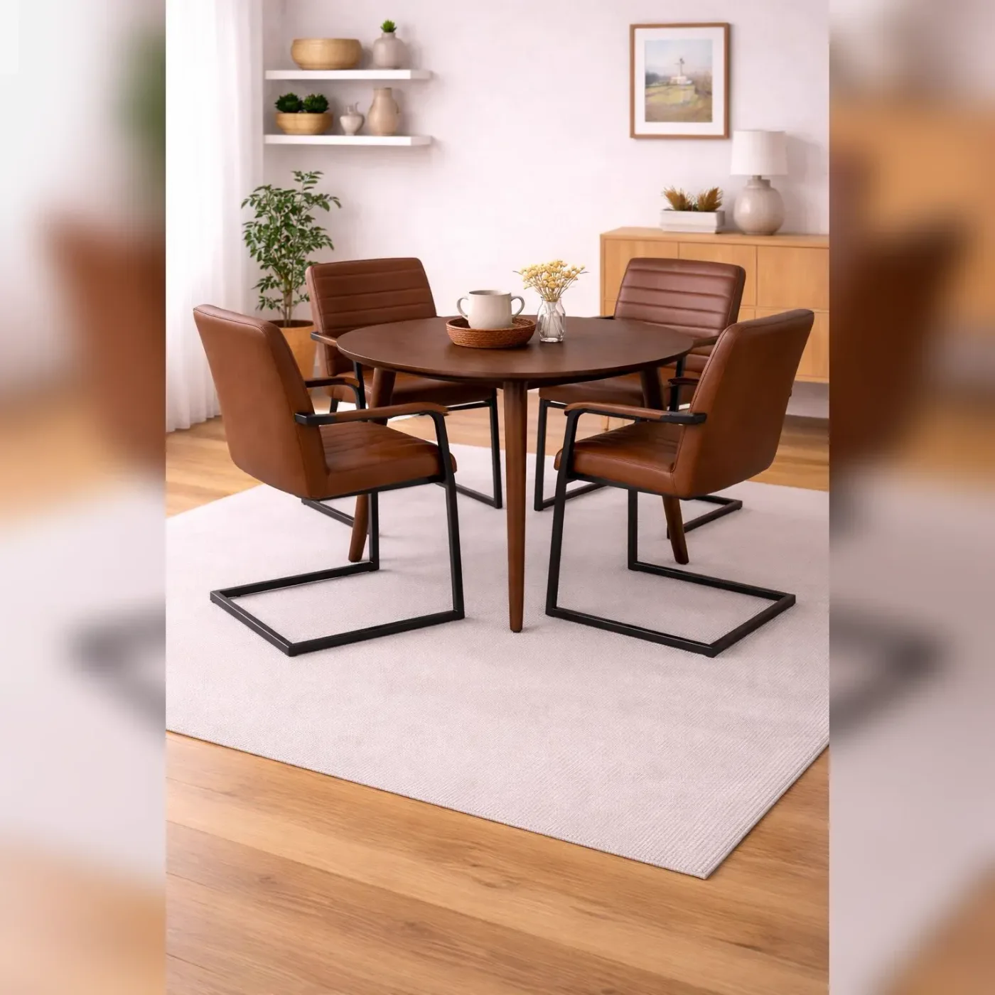 Mesa de comedor Vema Redonda con 4 sitial burgos marron