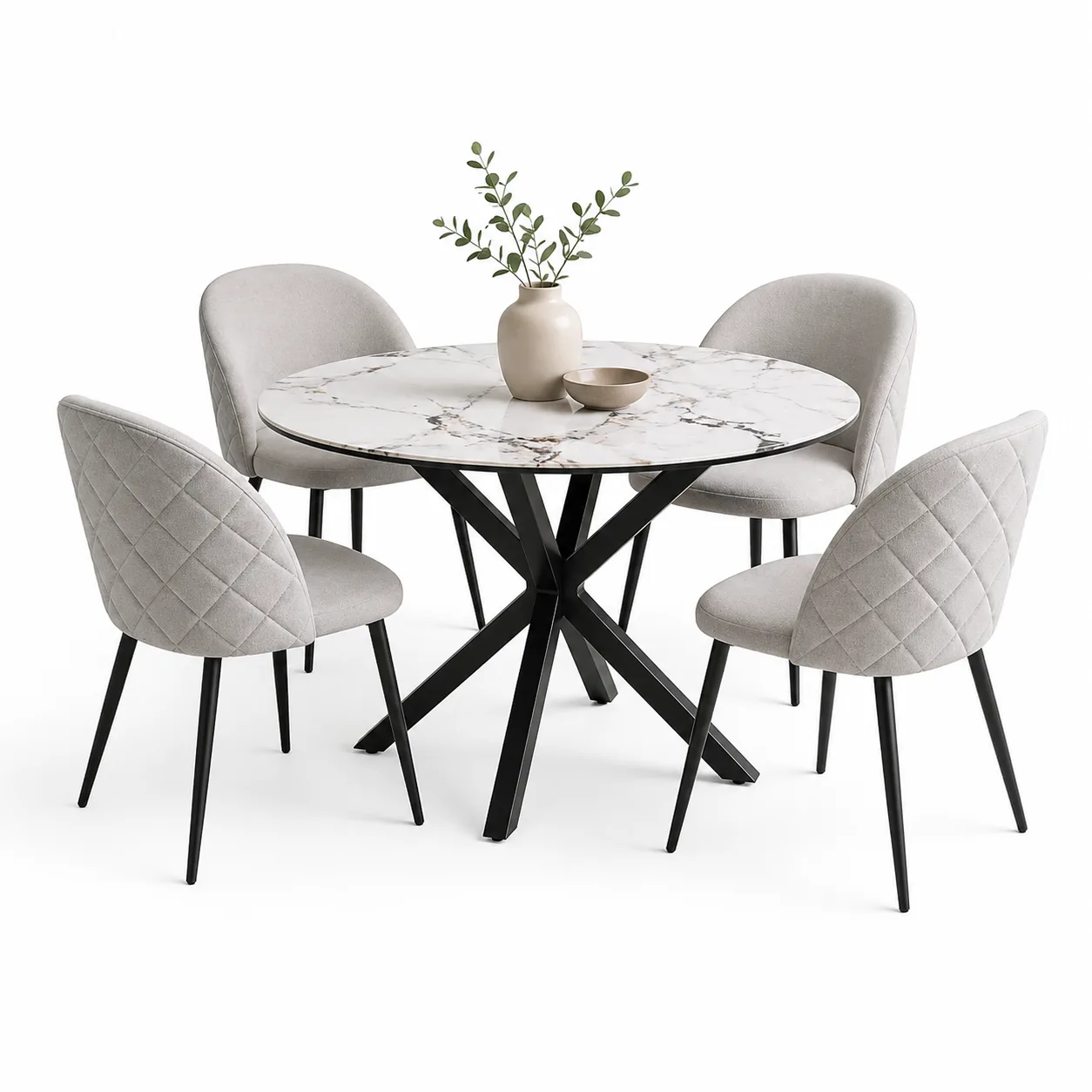 Mesa de Comedor Warwick Redonda Stone mas 4 Sillas Tokio Lino Black