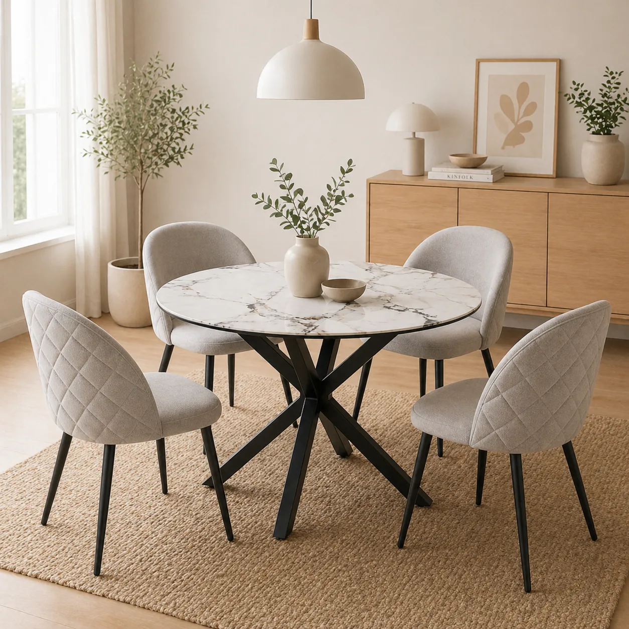 Mesa de Comedor Warwick Redonda Stone mas 4 Sillas Tokio Lino Black