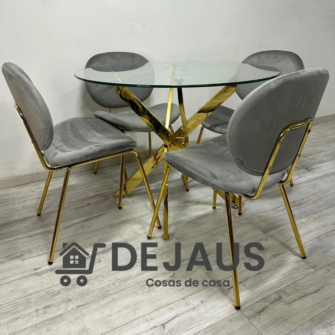 Mesa Dubai Gold (100cm) con 4 Sillas Leidy Felpa Gold