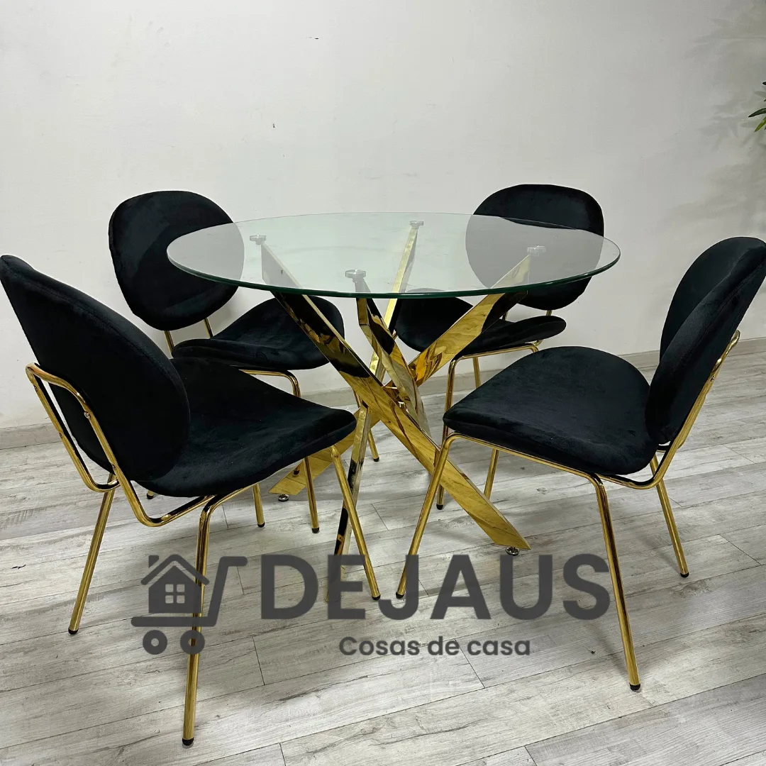 Mesa Dubai Gold (100cm) con 4 Sillas Leidy Felpa Gold