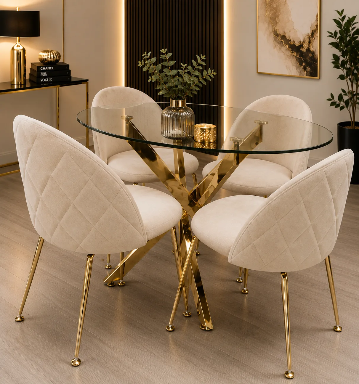 Mesa Dubai Gold 100cm con 4 Sillas Tokio Felpa Gold