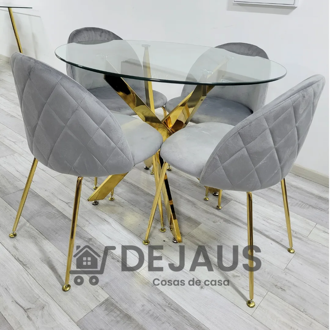 Mesa Dubai Gold (100cm) con 4 Sillas Tokio Felpa Gold