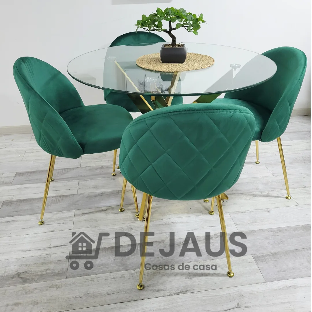 Mesa Dubai Gold (100cm) con 4 Sillas Tokio Felpa Gold