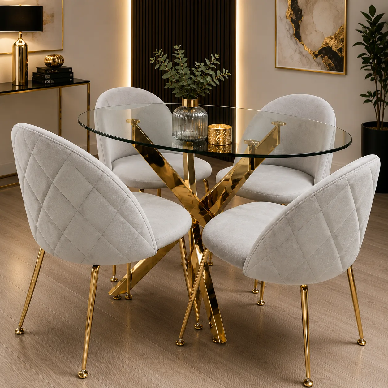 Mesa Dubai Gold 100cm con 4 Sillas Tokio Felpa Gold
