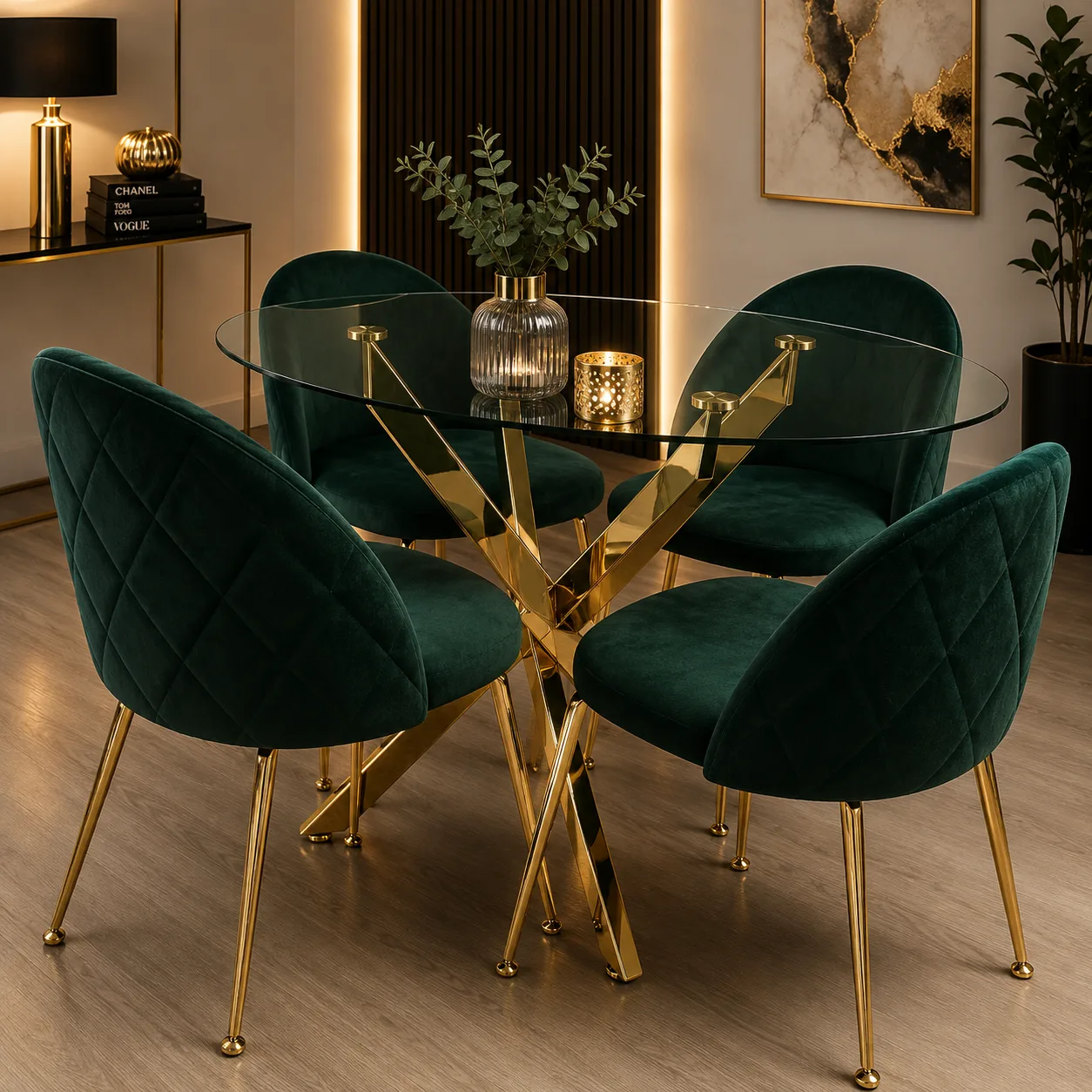 Mesa Dubai Gold (120cm) con 4 Sillas Tokio Felpa Gold