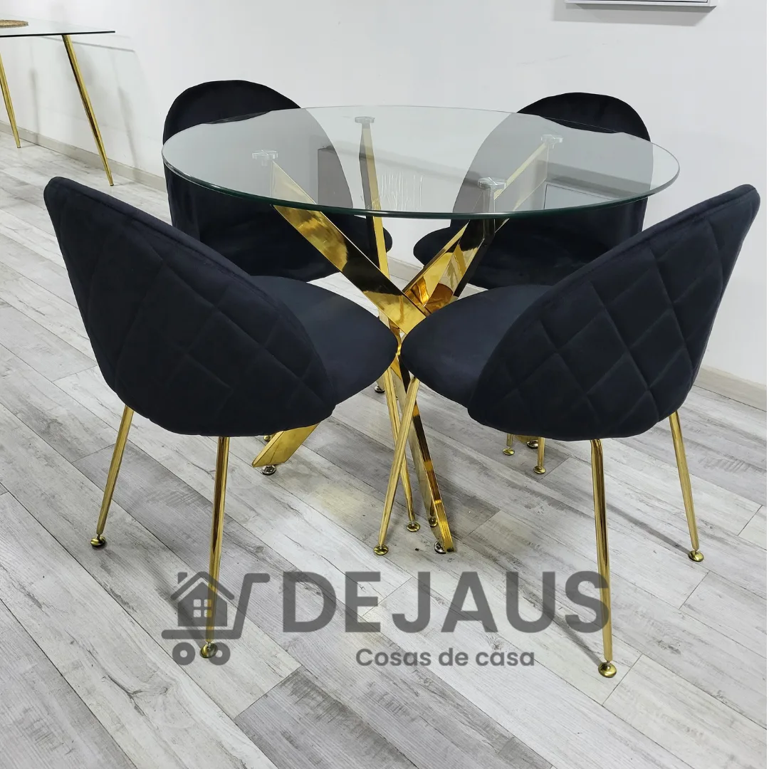 Mesa Dubai Gold (120cm) con 4 Sillas Tokio Felpa Gold