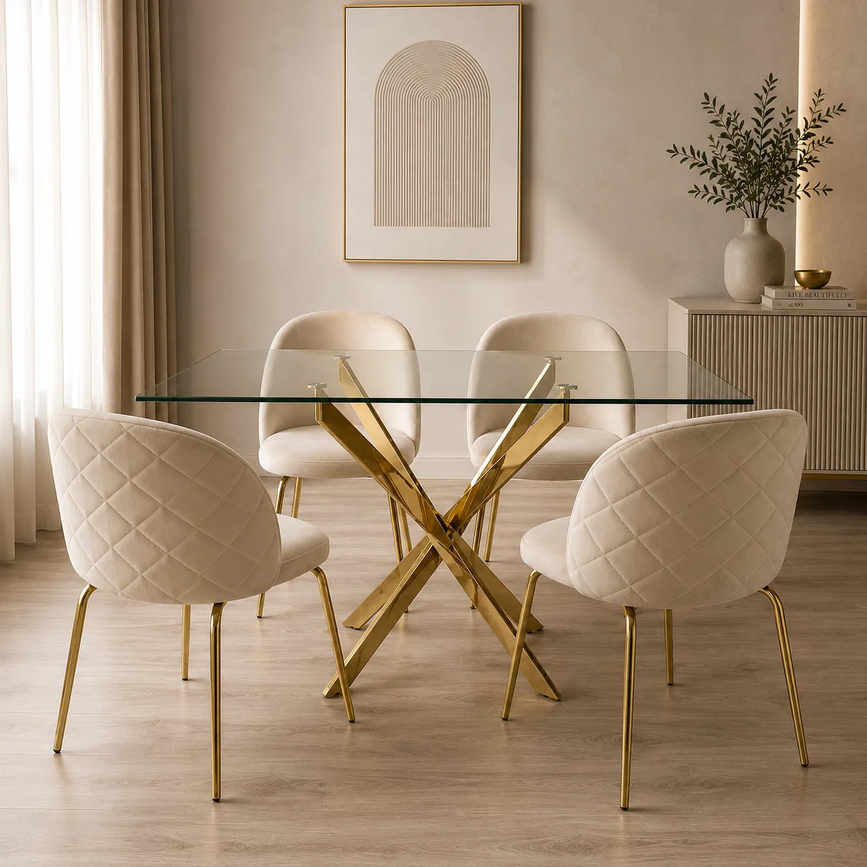 Mesa Dubai Rectangular Gold con 4 Sillas Tokio Felpa Gold