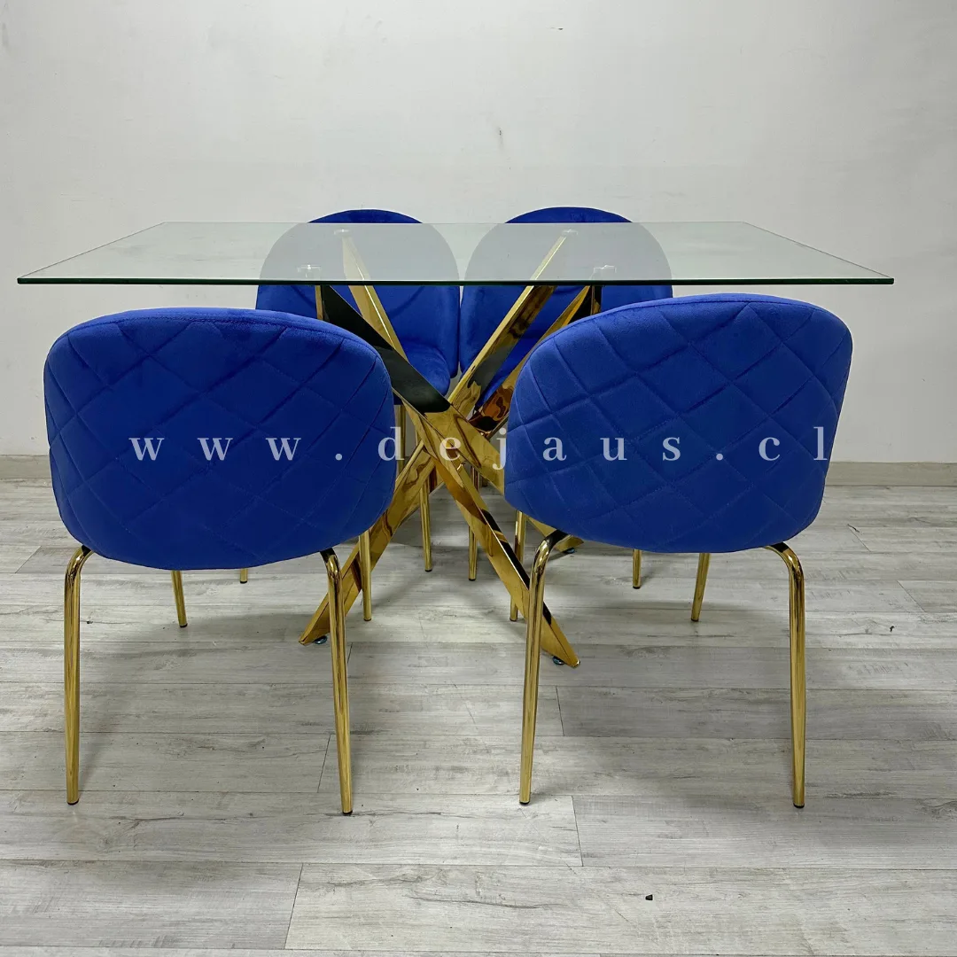 Mesa Dubai Rectangular Gold con 4 Sillas Tokio Felpa Gold