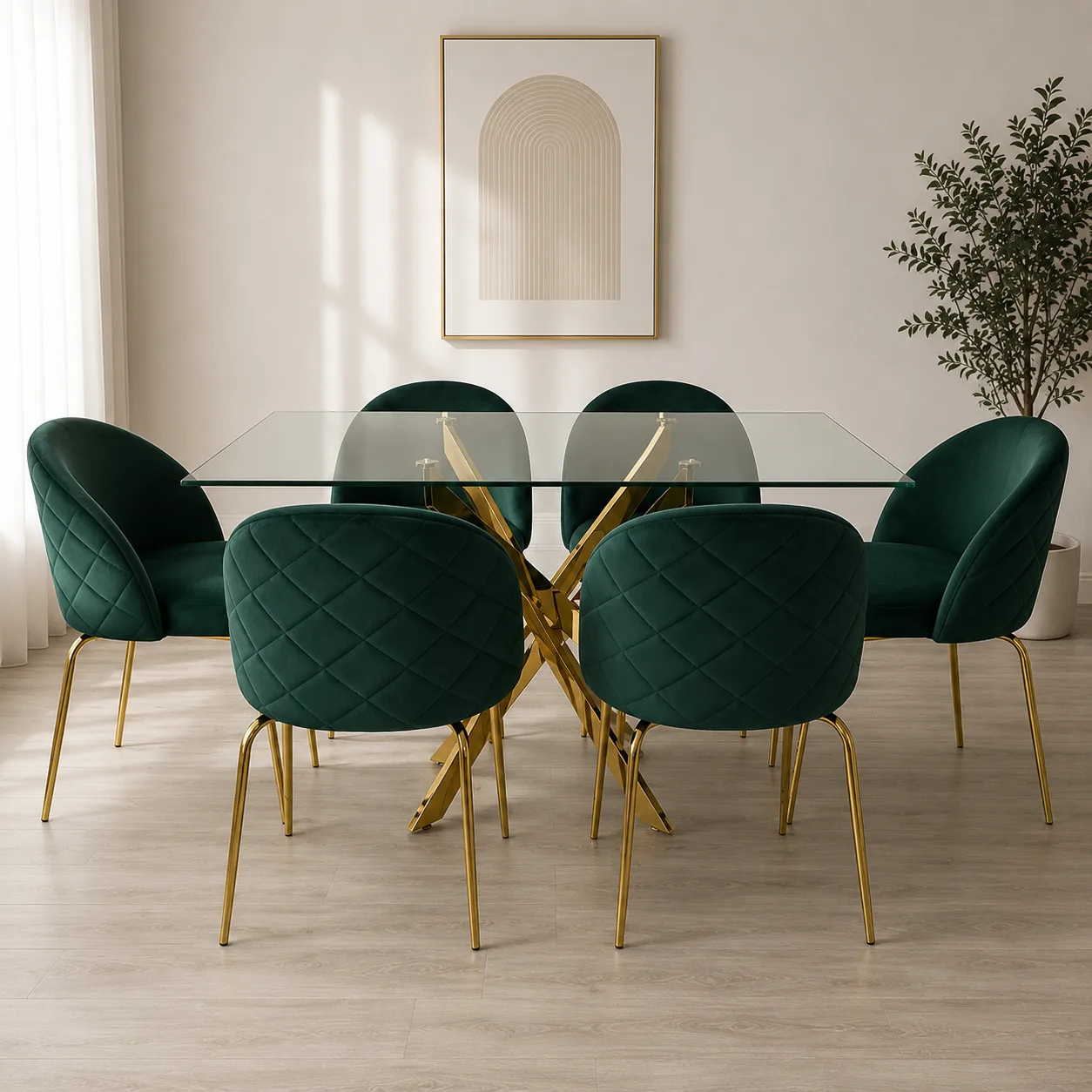 Mesa Dubai Rectangular Gold con 6 Sillas Tokio Felpa Gold