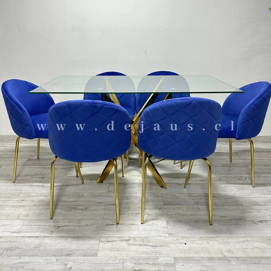 Mesa Dubai Rectangular Gold con 6 Sillas Tokio Felpa Gold
