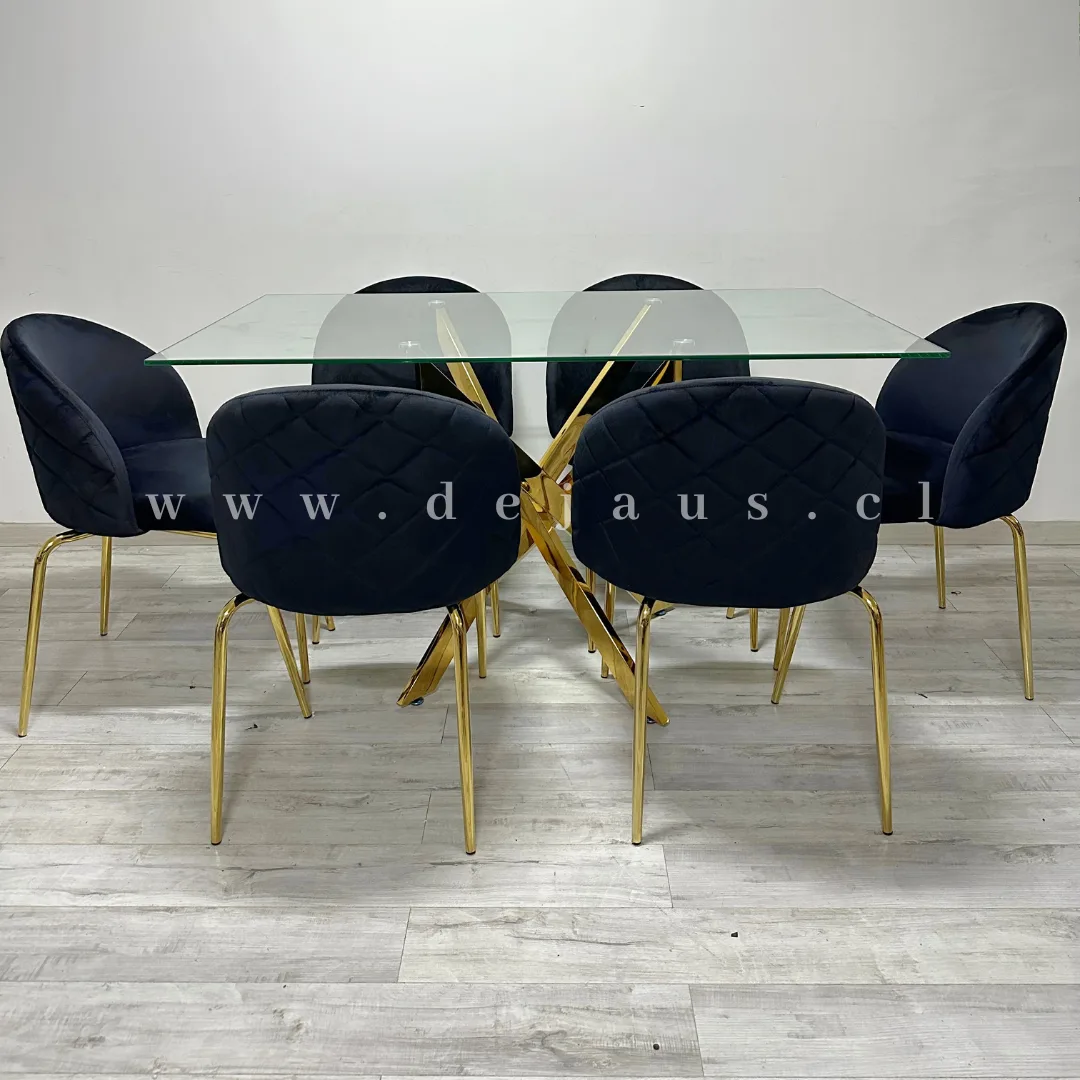 Mesa Dubai Rectangular Gold con 6 Sillas Tokio Felpa Gold