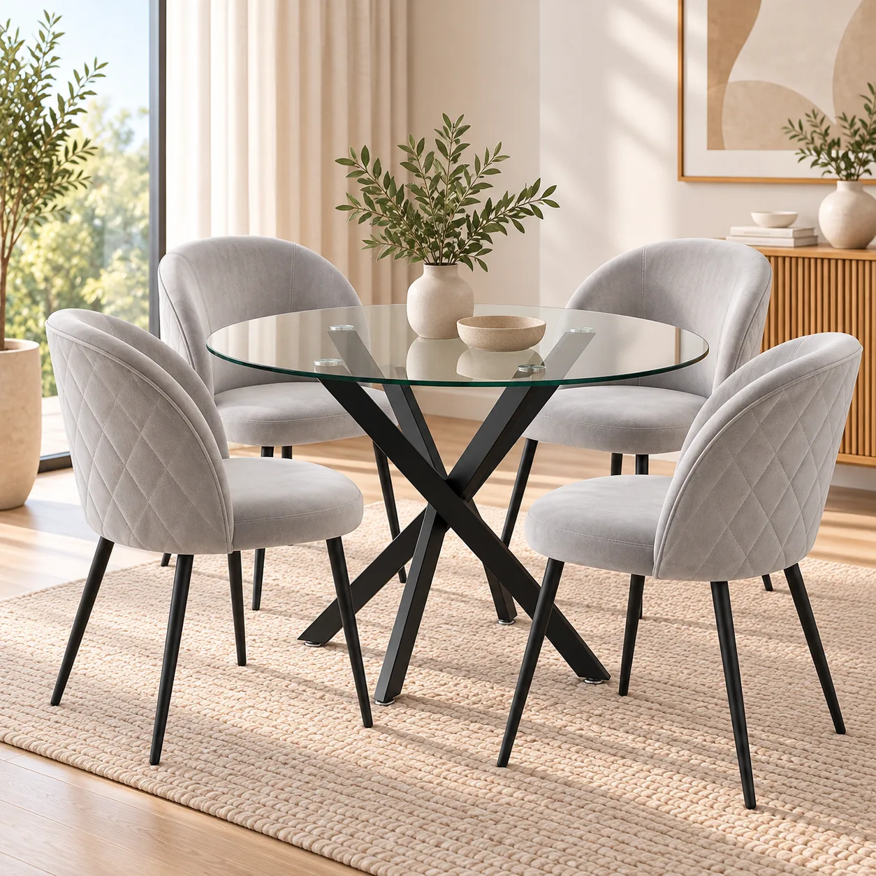 Mesa Dubai Redonda Vidrio Black con 4 Silla Tokio Felpa Black
