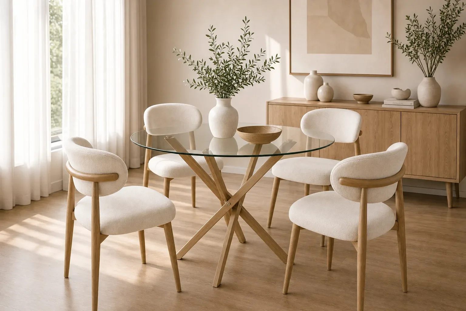 Mesa Dubai Redonda Vidrio Wood con 4 Silla Siena Lino Wood