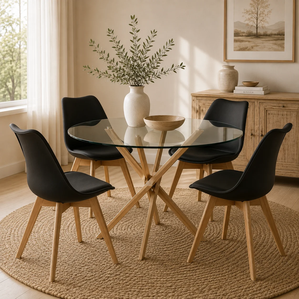 Mesa Dubai Redonda Vidrio Wood con 4 Silla Tulip Acolchada