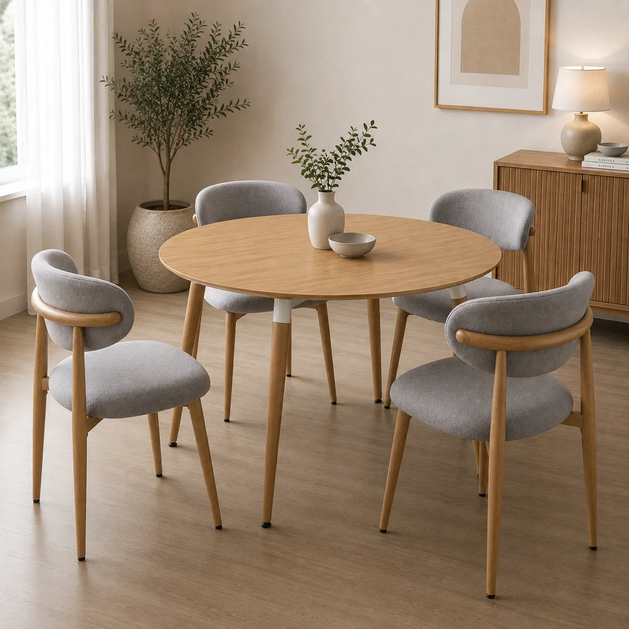 Mesa Eames Basic Redonda con 4 Silla Siena Lino Wood