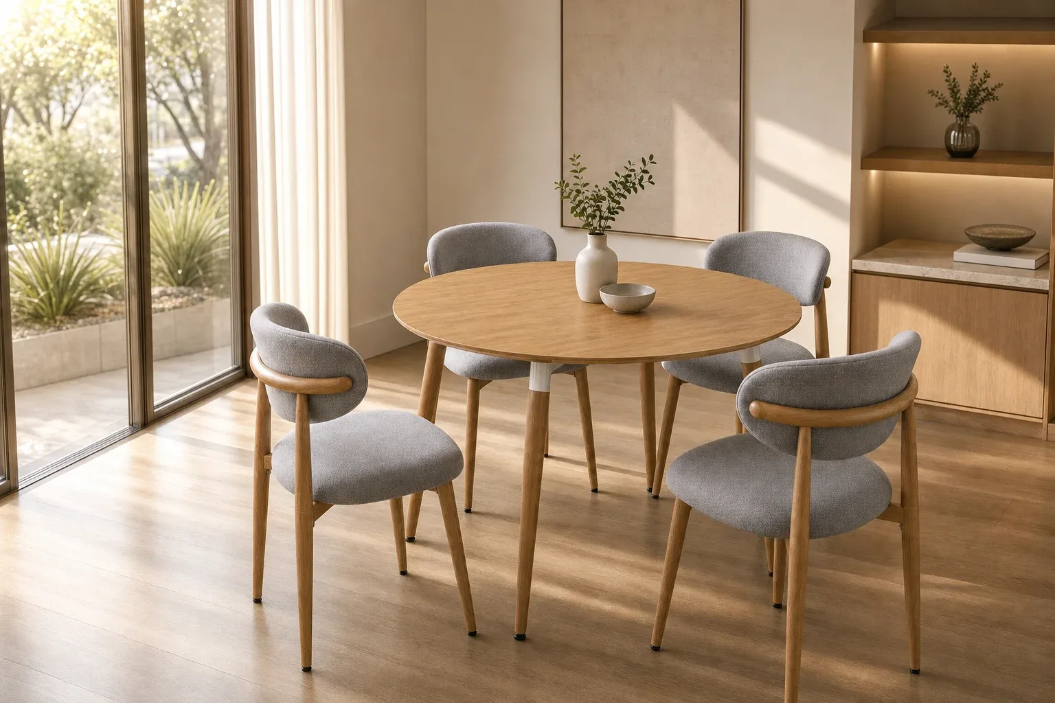 Mesa Eames Basic Redonda con 4 Silla Siena Lino Wood