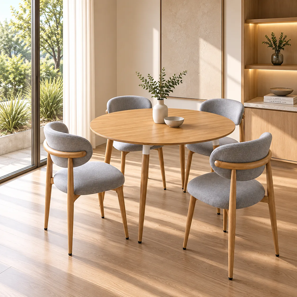 Mesa Eames Basic Redonda con 4 Silla Siena Lino Wood