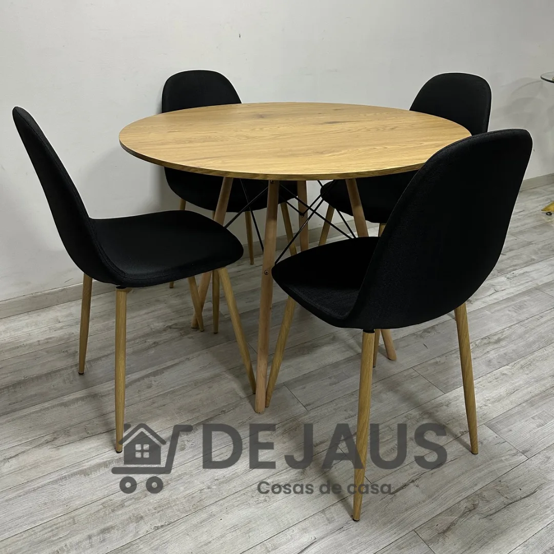 Mesa Eames Wood con 4 Sillas Spoon Lino
