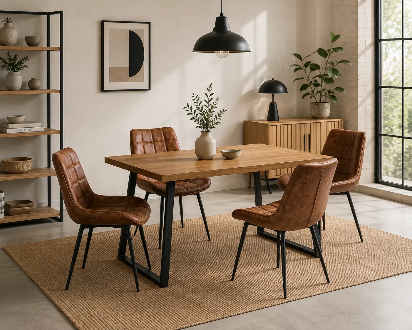 Mesa Escandinavia Rectangular con Sillas Boton Pu Envejecido Black