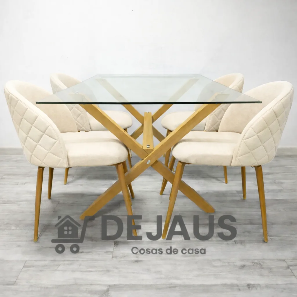 Mesa medlock rectangular con 4 sillas Tokio lino wood