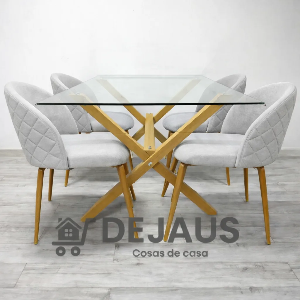 Mesa medlock rectangular con 4 sillas Tokio lino wood