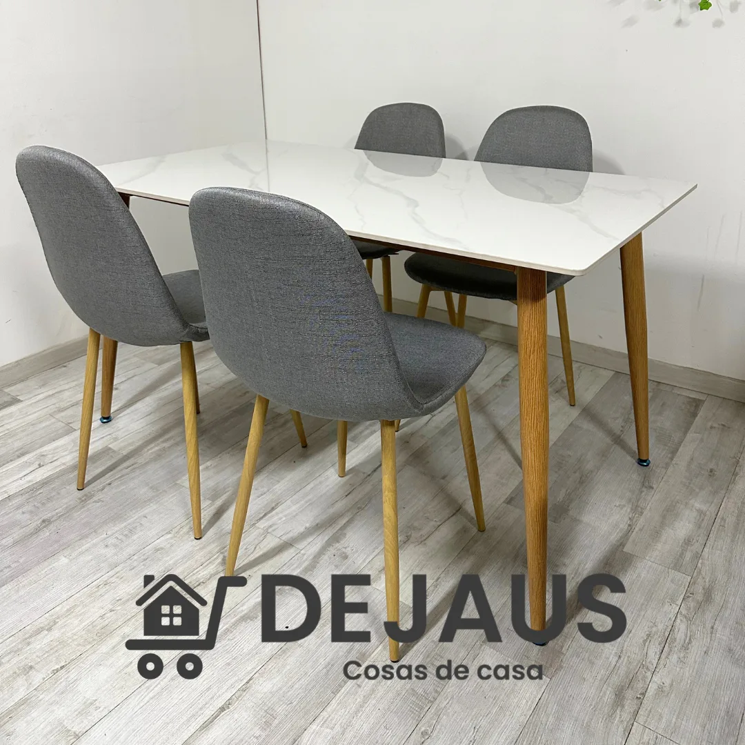 Mesa Rectangular Cuarzo Calacatta  con 4 Sillas Spoon Lino