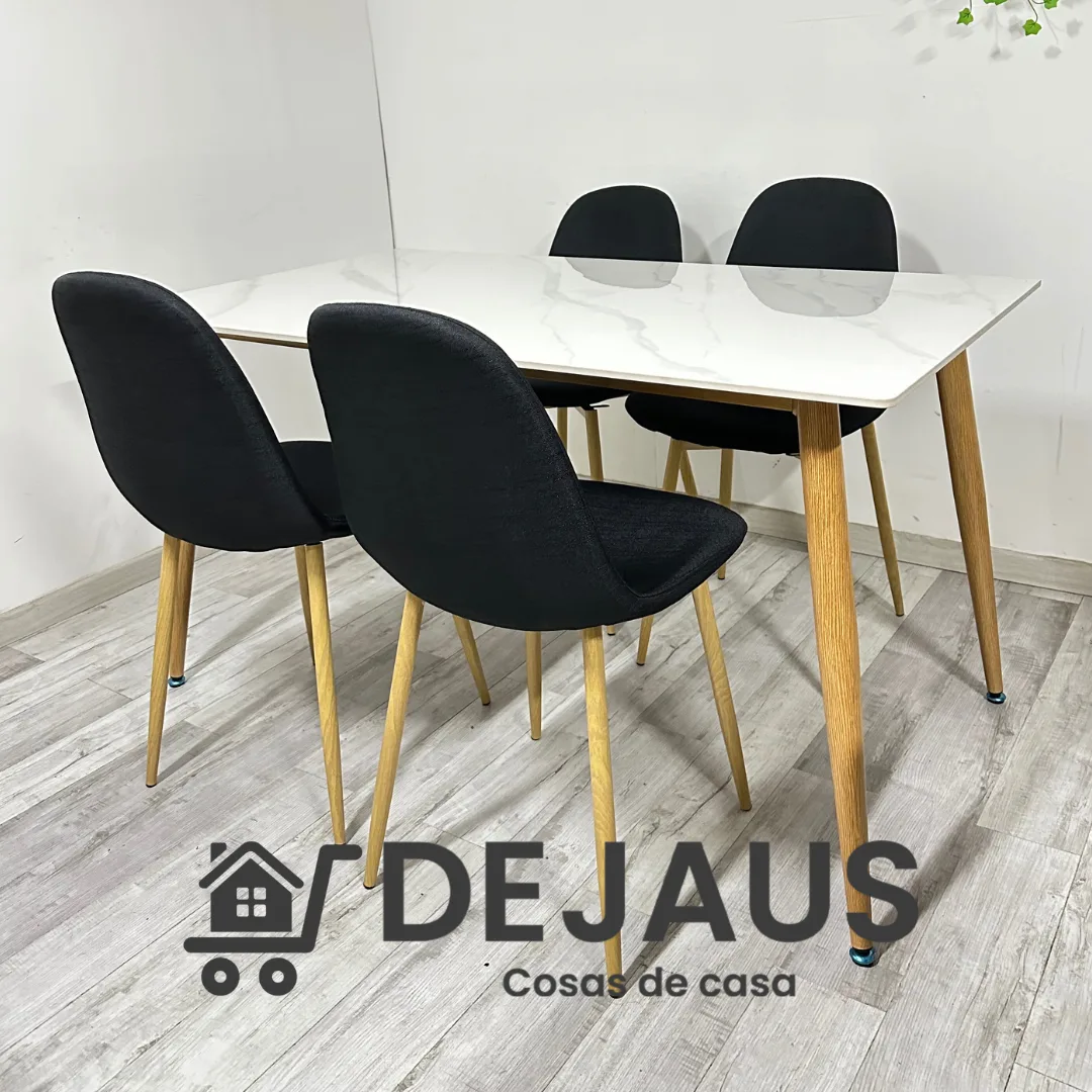 Mesa Rectangular Cuarzo Calacatta  con 4 Sillas Spoon Lino